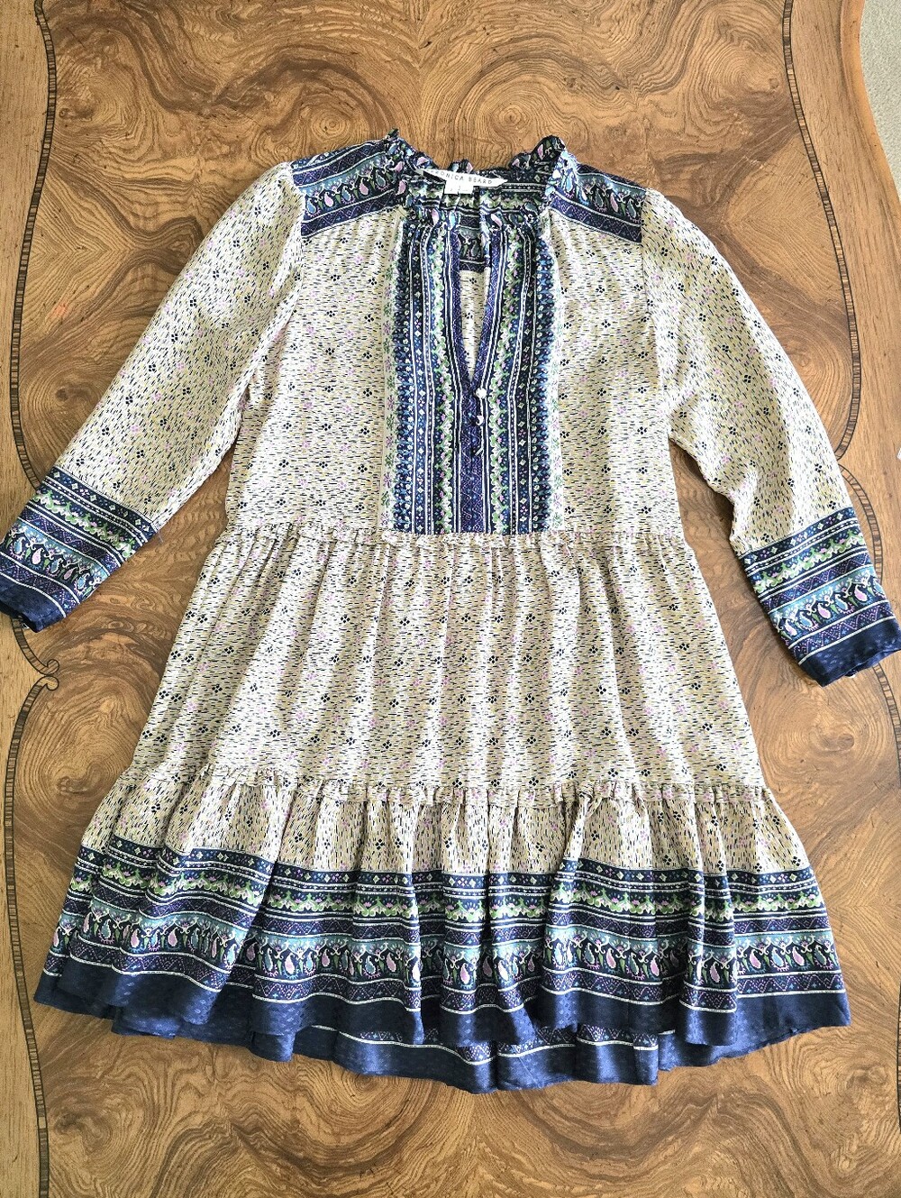 Veronica Beard Lumi Geo Boho Print 100% Silk Tiered Mini Dress Womens Size 2
